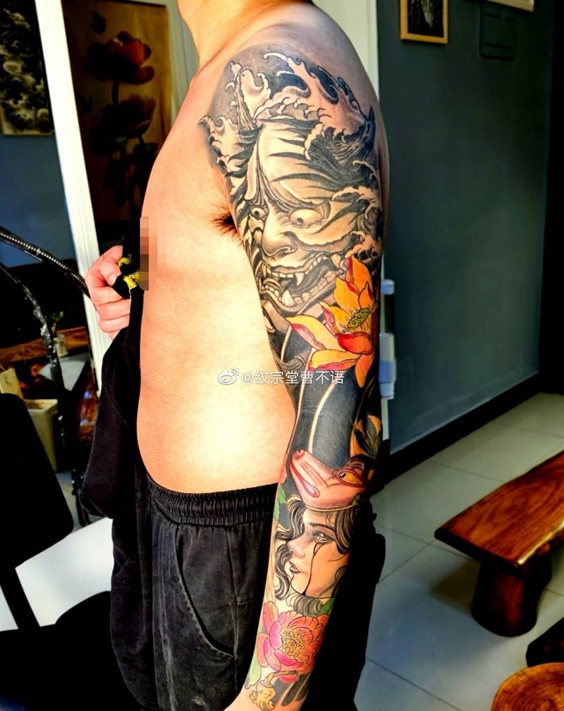 般若艺伎花臂纹身图片_手臂纹身图案