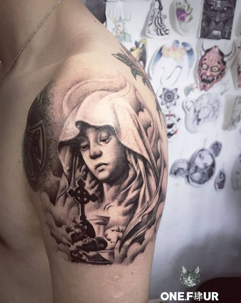 圣母纹身图片_肖像欧美写实纹身图案