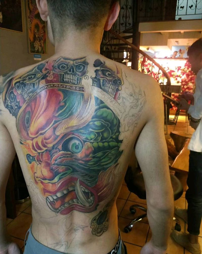 大黑天，未完成纹身图片_背部纹身图案