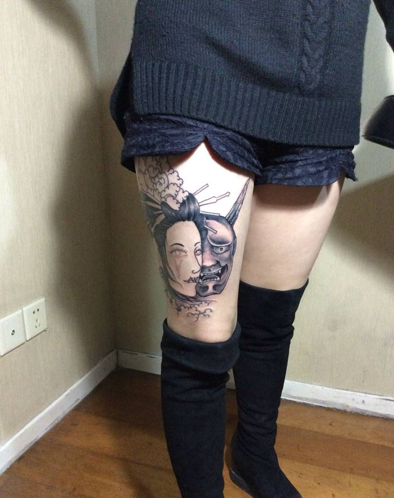 未完成纹身图片_腿部传统纹身图案