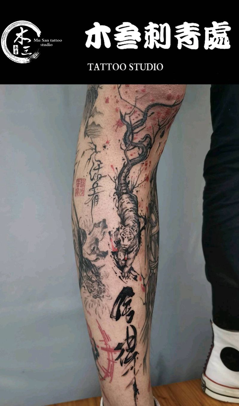 《中国风包小腿》纹身图片_水墨点刺纹身图案