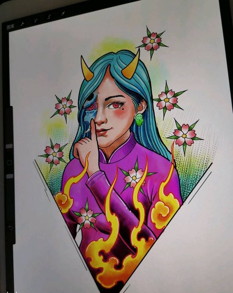 速涂 般若美女 手稿纹身图片_新传统New School纹身图案