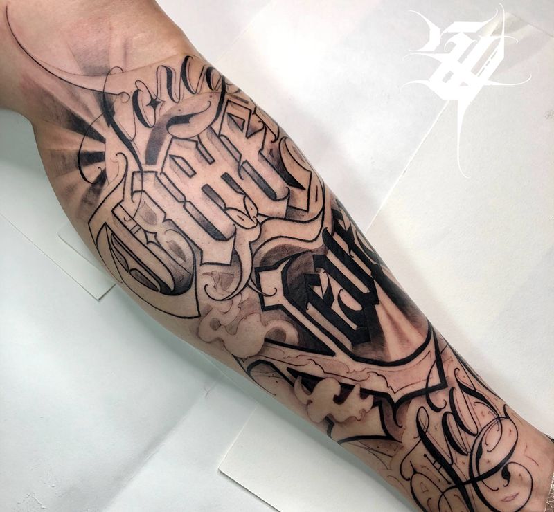 干腿纹身图片_花体字纹身图案