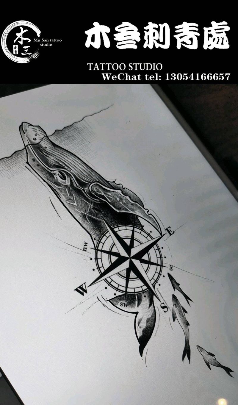 客稿 鲸鱼指南针纹身图片_手臂点刺纹身图案