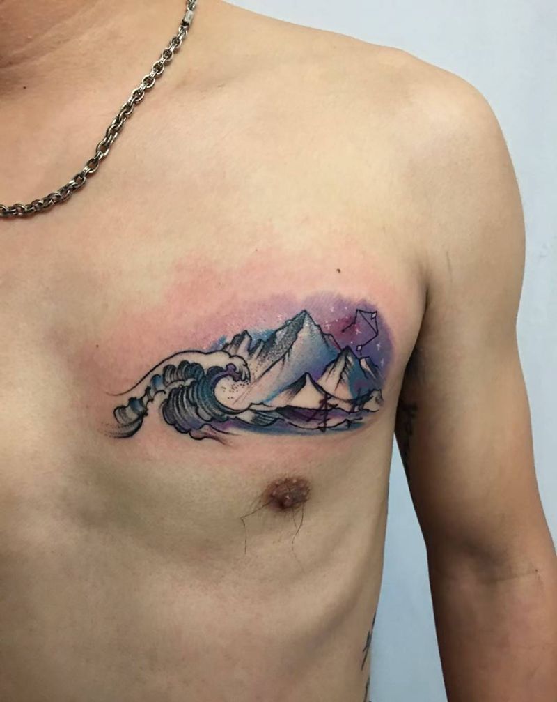 山水纹身图片_胸部纹身图案