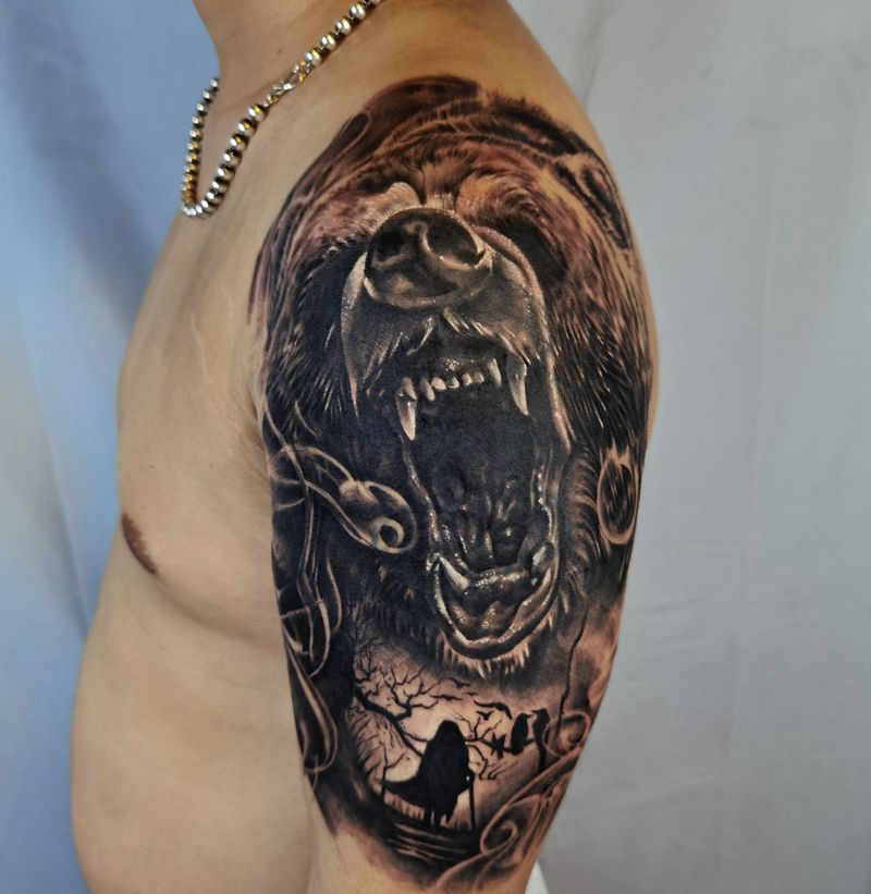 遮盖 大臂熊耗时11h纹身图片_手臂欧美写实纹身图案