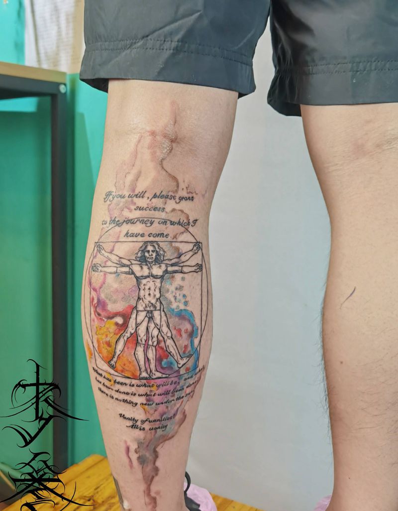 达芬奇纹身图片_点刺水彩纹身图案