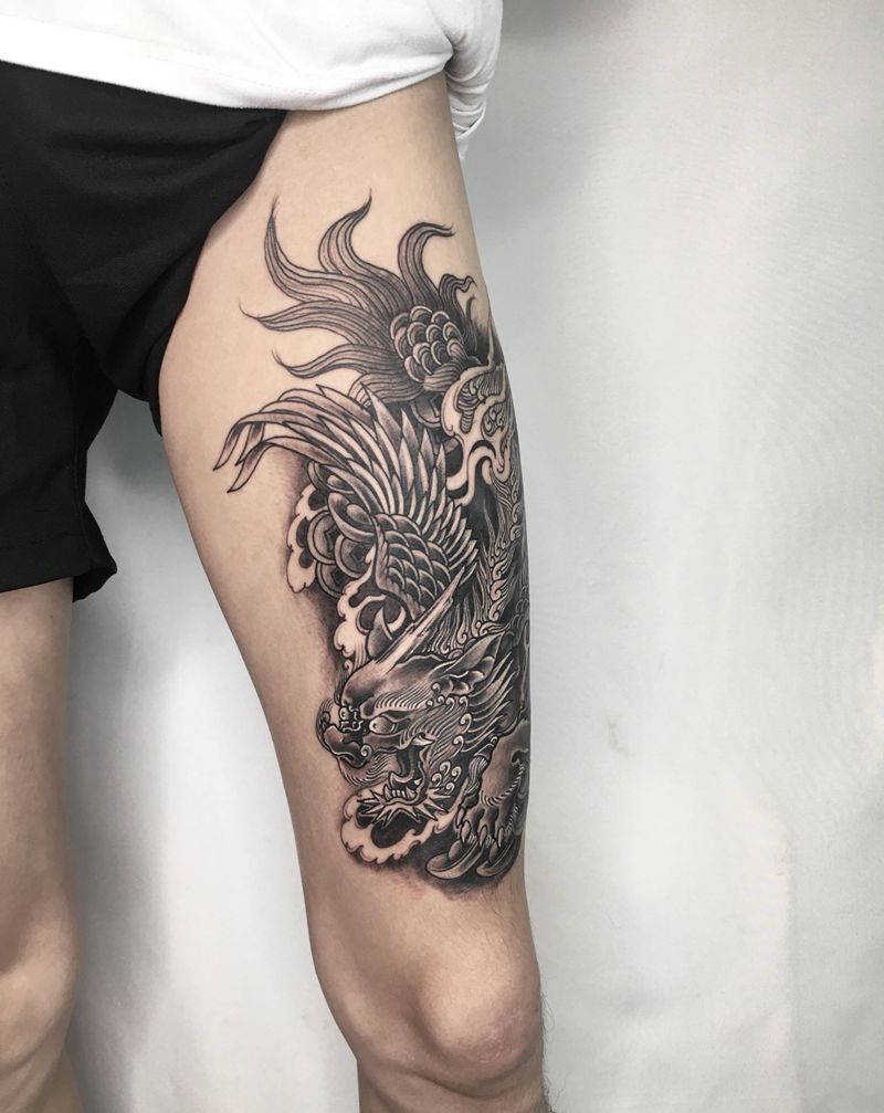 发财纹身图片_腿部老传统纹身图案