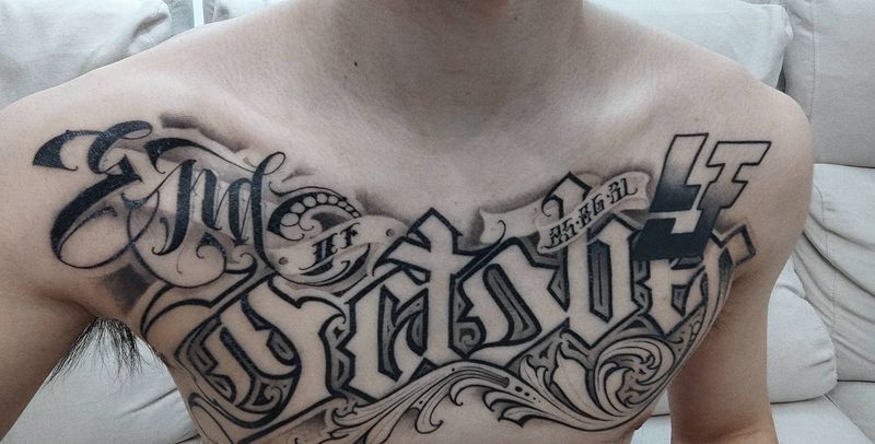 胸口恢复后纹身图片_胸部花体字纹身图案