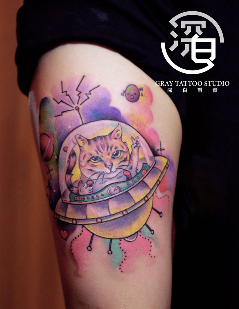 宠物肖像纹身图片_腿部脚部欧美写实New School猫纹身图案