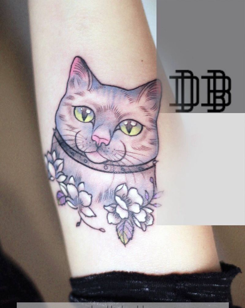 小清新纹身纹身图片_手部胸部New School欧美写实小清新猫羽毛纹身图案