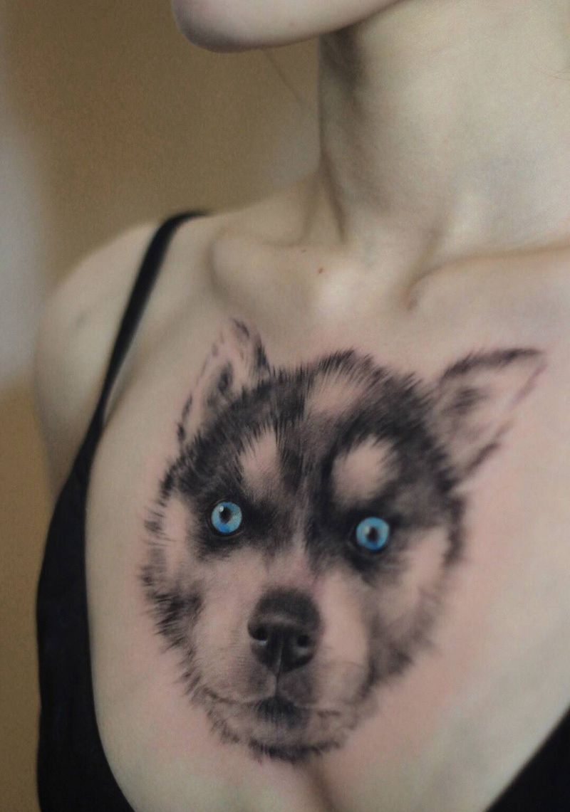 狗狗肖像纹身图片_胸部欧美写实狗纹身图案