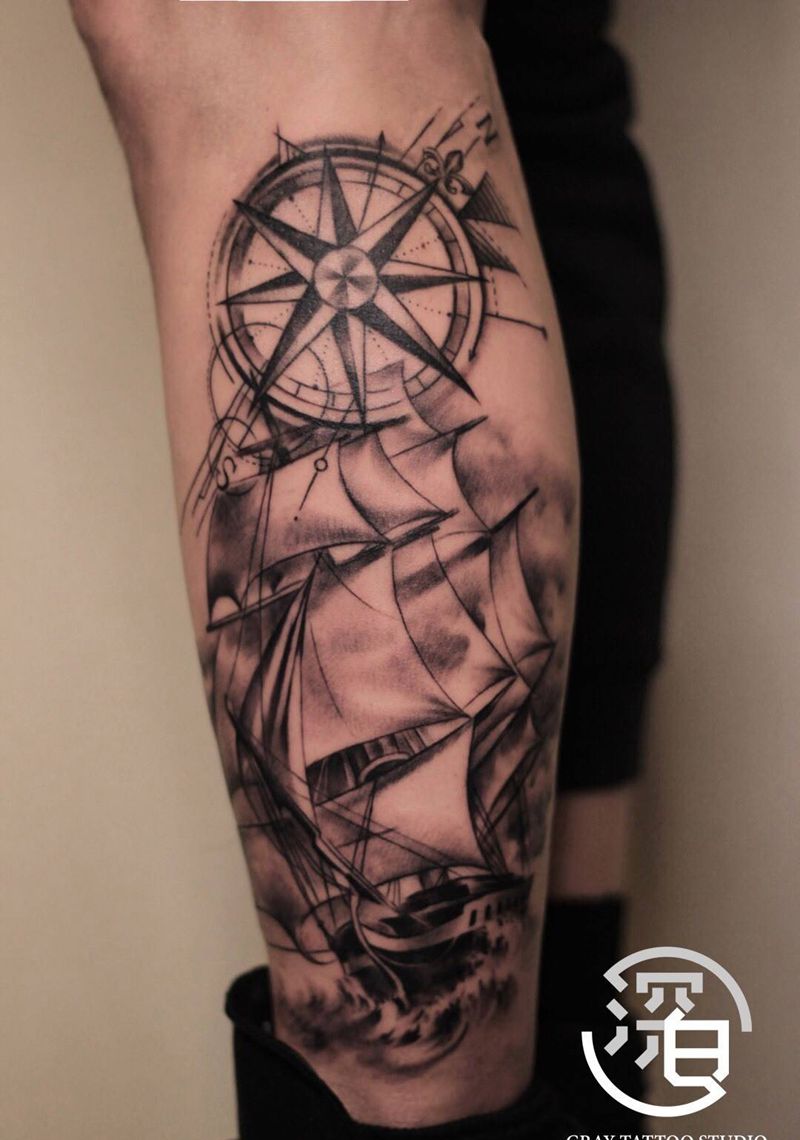 帆船纹身图片_腿部欧美写实船纹身图案