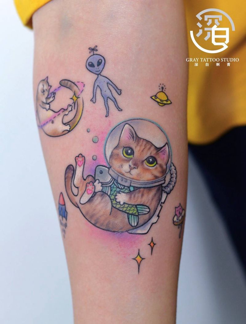 宠物肖像设计纹身图片_手臂手部欧美写实New School猫纹身图案