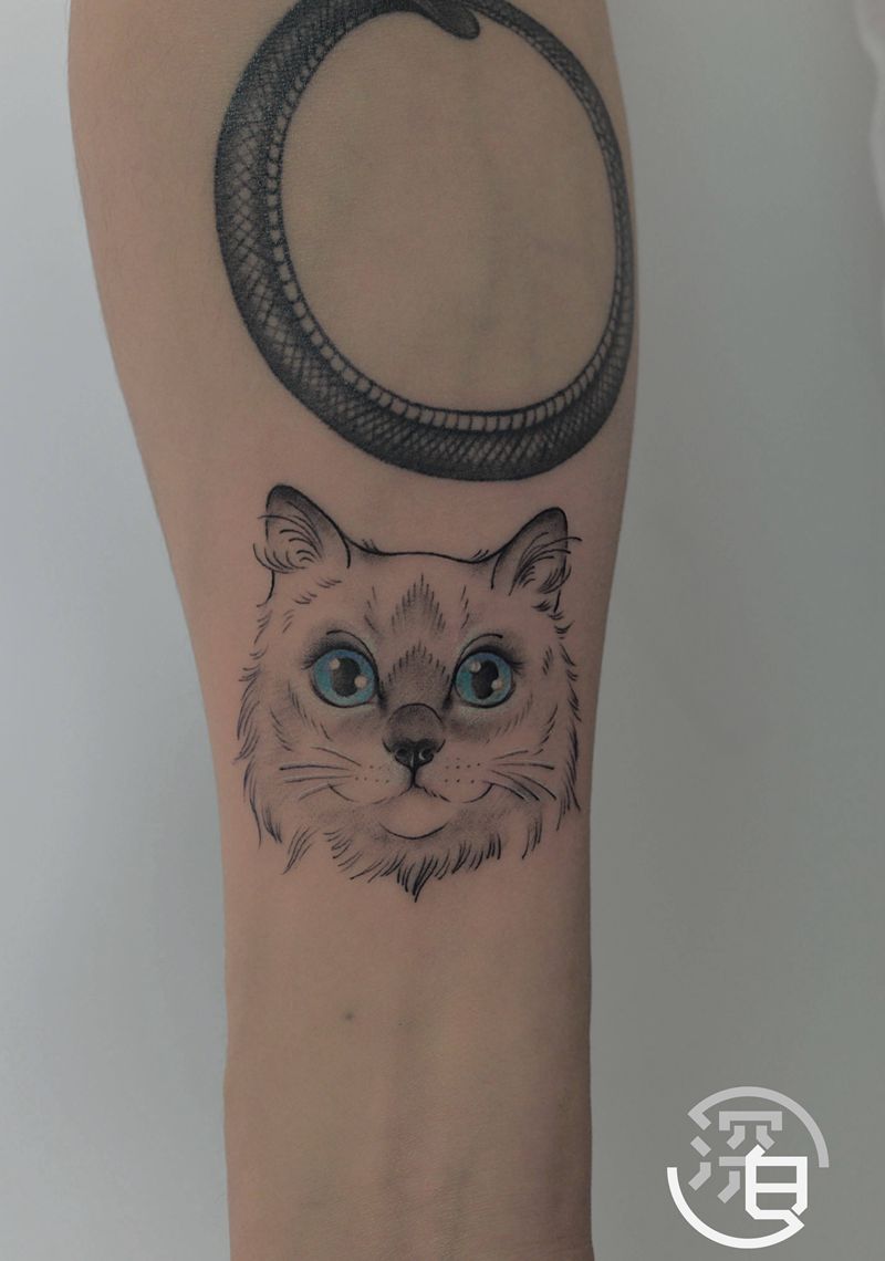 宠物小头像纹身图片_手臂腿部欧美写实New School宠物猫狗纹身图案