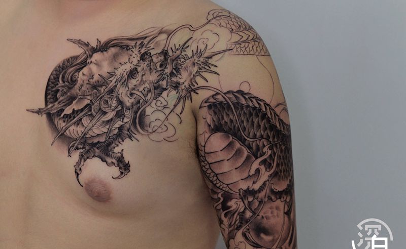 太极龙未完成纹身图片_手臂手部新传统老传统龙纹身图案