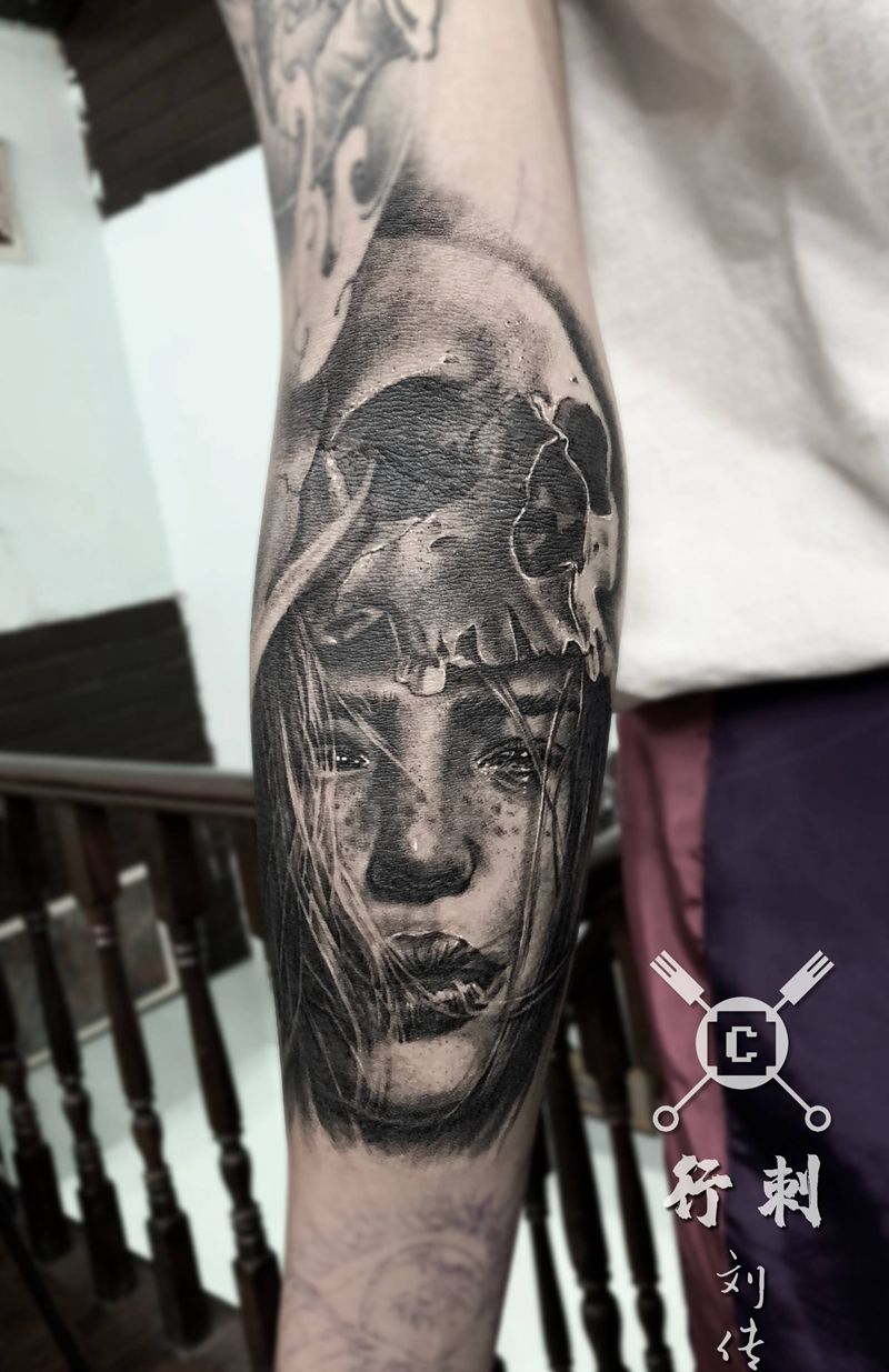 欧美风格纹身图片_手臂欧美写实骷髅纹身图案