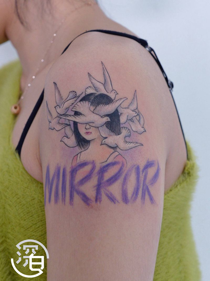 插画风格自画像纹身图片_手臂手部欧美写实New School美女纹身图案