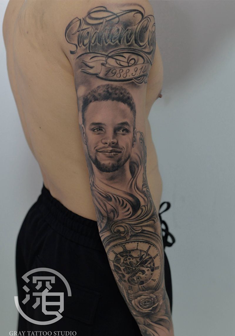 肖像纹身库里纹身图片_手臂手部欧美写实肖像纹身图案