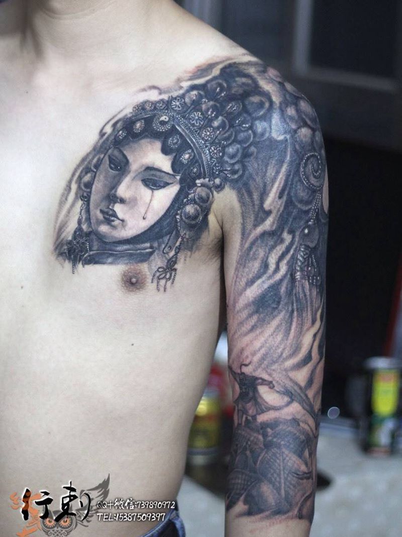 霸王别姬纹身图片_胸部手臂写实肖像情侣原创纹身图案