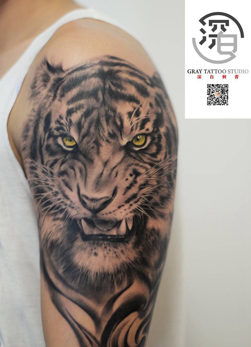 欧美写实老虎纹身图片_手臂欧美写实老虎纹身图案