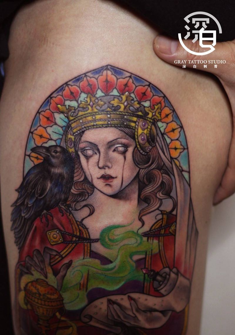 人性两面纹身图片_腿部New School欧美写实美女骷髅纹身图案