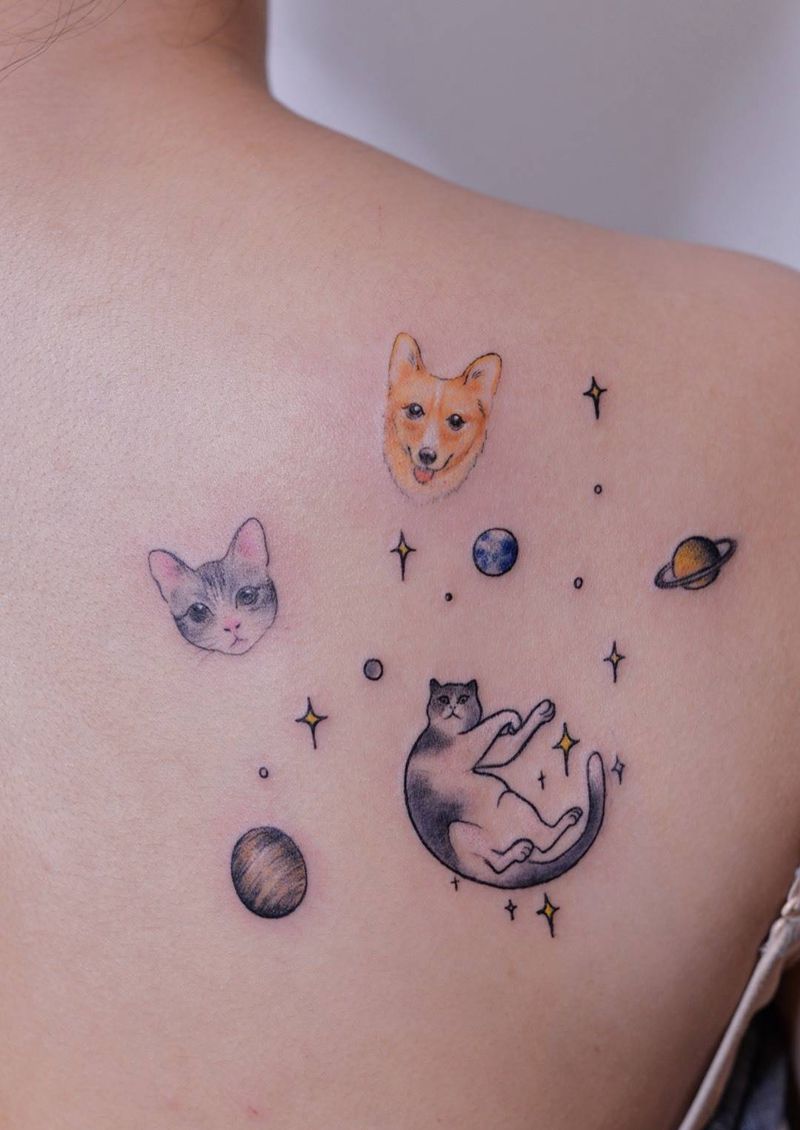 可爱宠物纹身图片_背部New School猫狗纹身图案