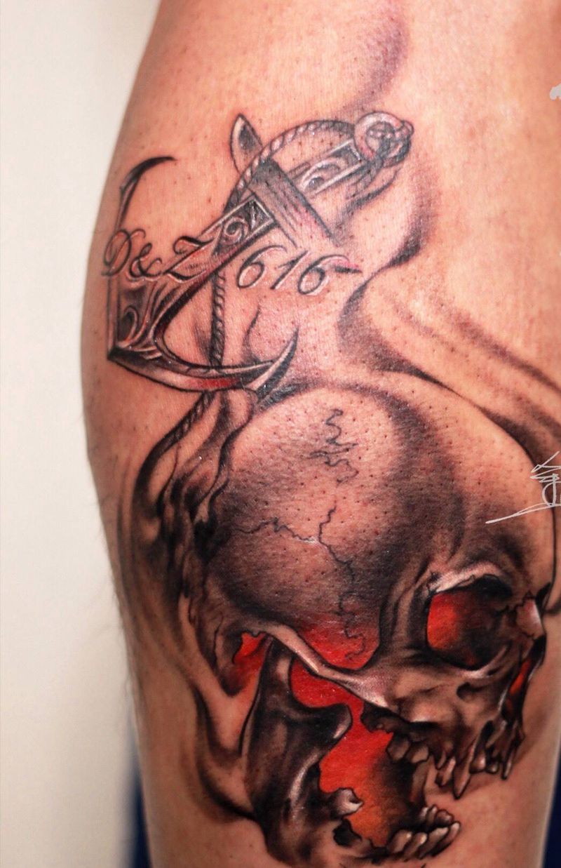 骷髅纹身图片_腿部脚部欧美写实骷髅纹身图案