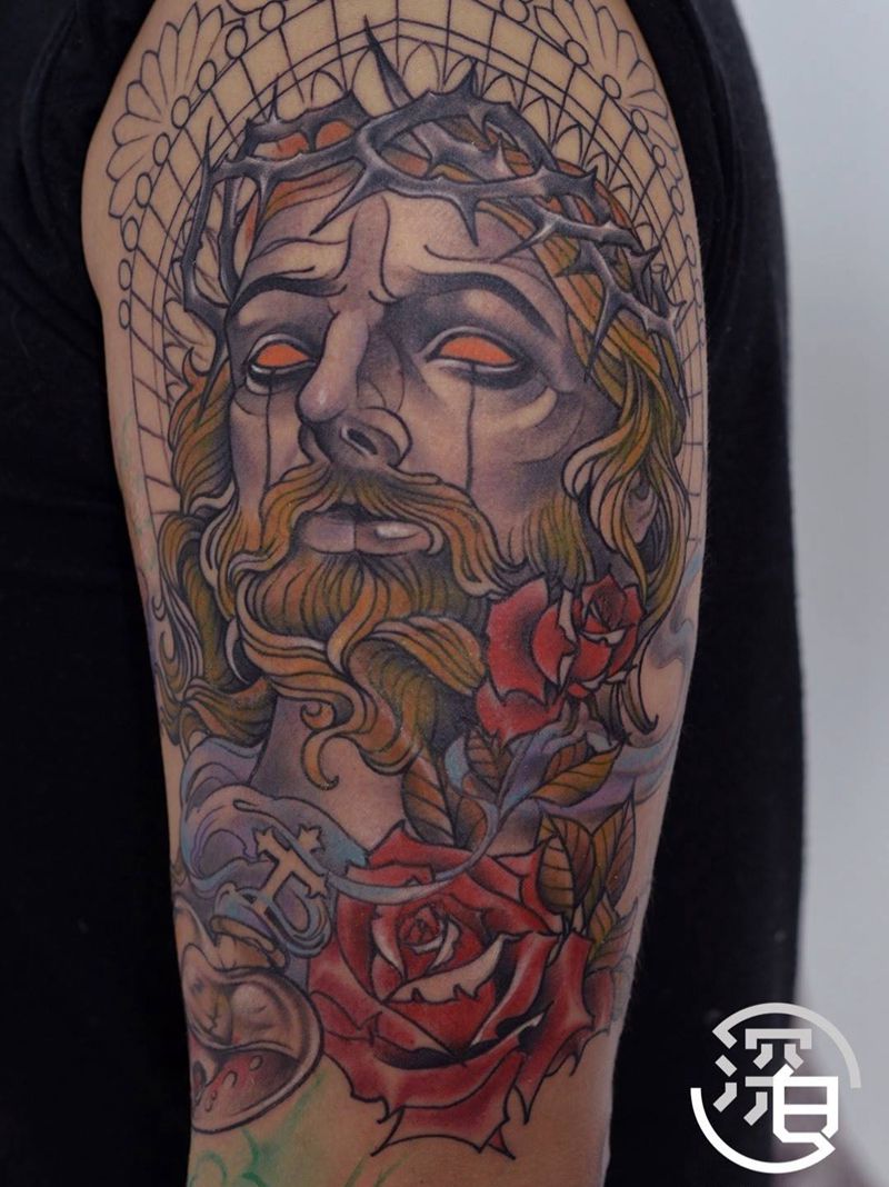 耶稣纹身图片_手臂手部New School耶稣纹身图案