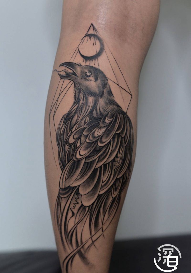 原创乌鸦纹身图片_腿部脚部欧美写实几何乌鸦纹身图案