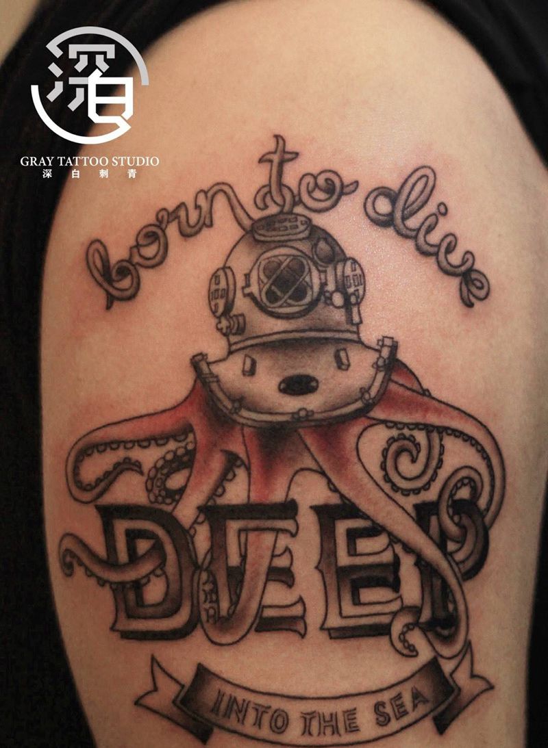 潜水章鱼纹身图片_手臂手部欧美写实New School章鱼纹身图案