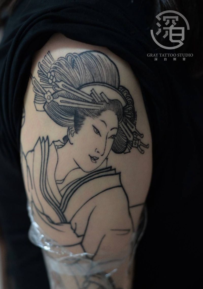 日式艺妓花臂纹身图片_手部手臂新传统老传统龙艺妓纹身图案