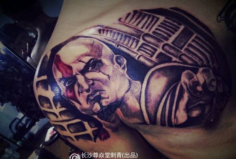 战神纹身图片_胸部欧美人物成品纹身图案
