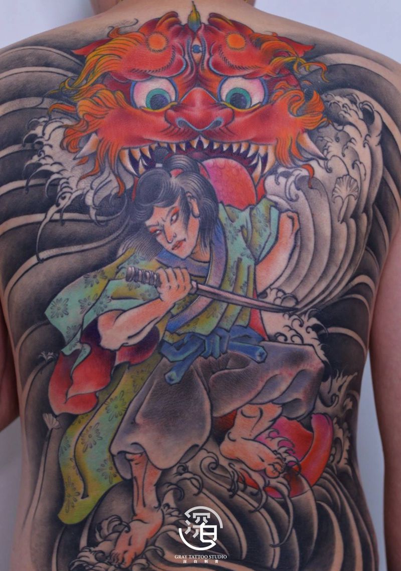 赤舌满背未完成纹身图片_背部新传统老传统日式纹身图案