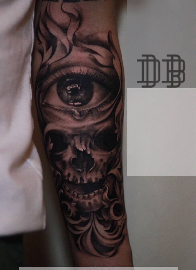 巴洛克骷髅纹身图片_手臂手部欧美写实骷髅眼睛纹身图案