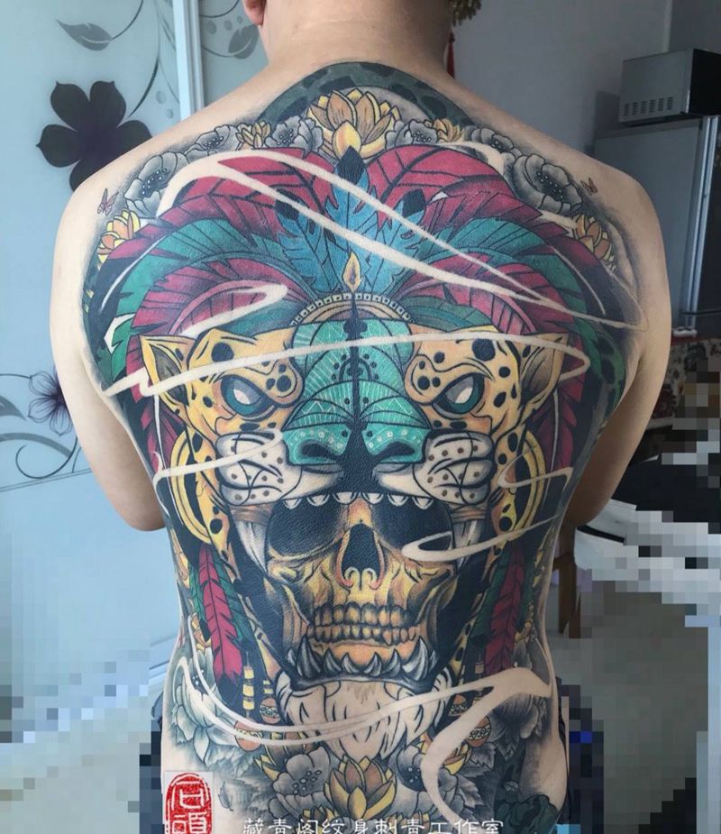 印第安之王纹身图片_成品背部欧美动物图腾纹身图案