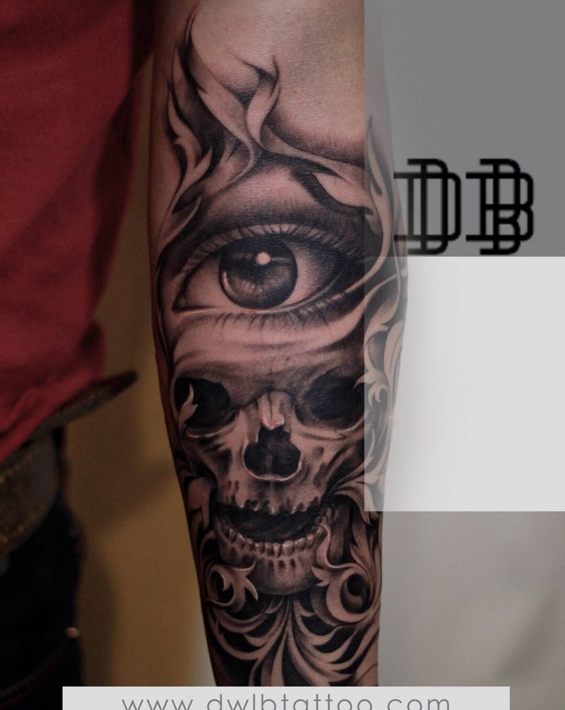 骷髅沙漏包臂纹身图片_手臂手部欧美写实骷髅沙漏纹身图案