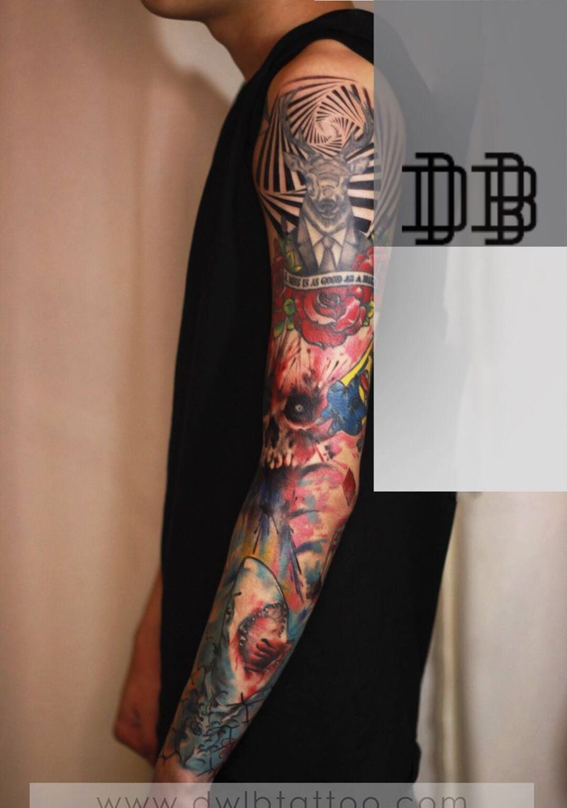 欧美花臂纹身图片_手部手臂欧美写实New School小丑纹身图案