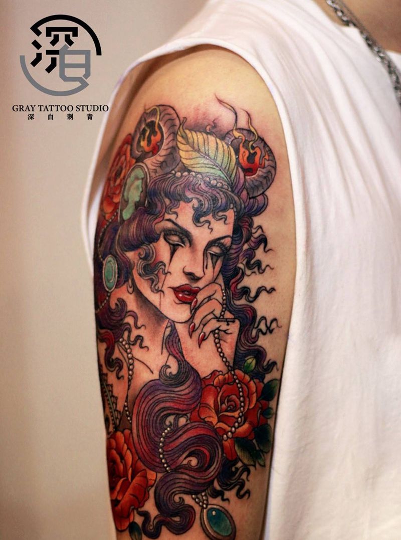 潘神纹身图片_手臂手部欧美写实New School美女花纹身图案