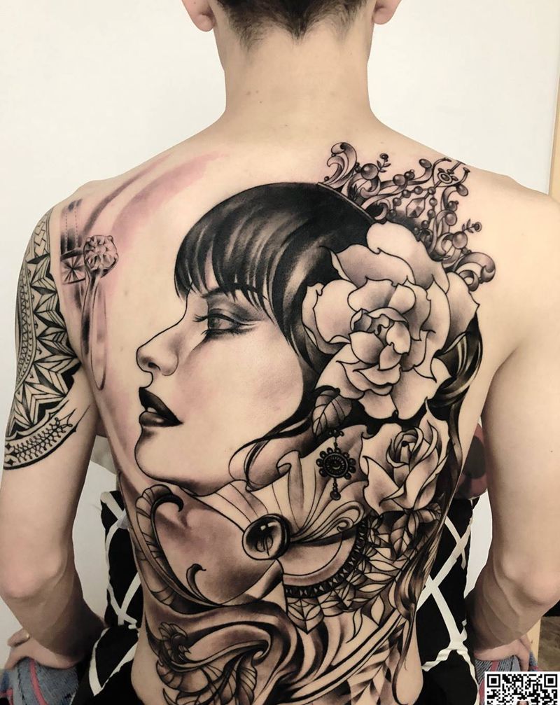 肖像设计满背纹身图片_背部New School肖像纹身图案