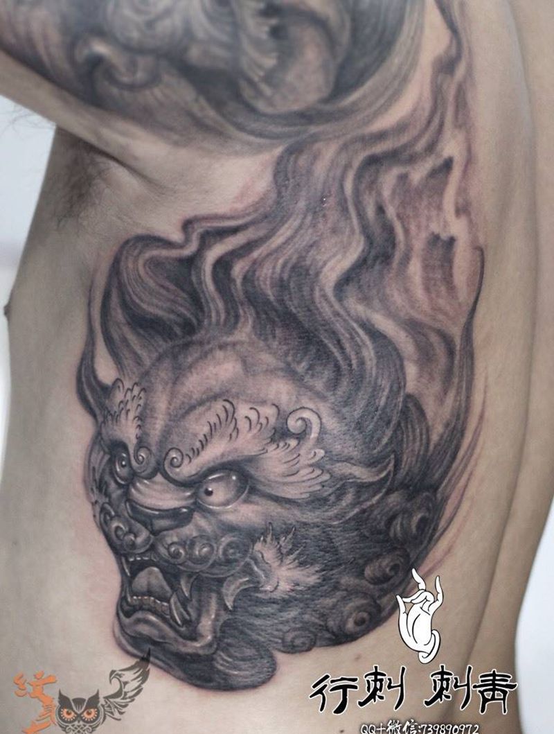 福狮纹身图片_成品传统写实动物纹身图案