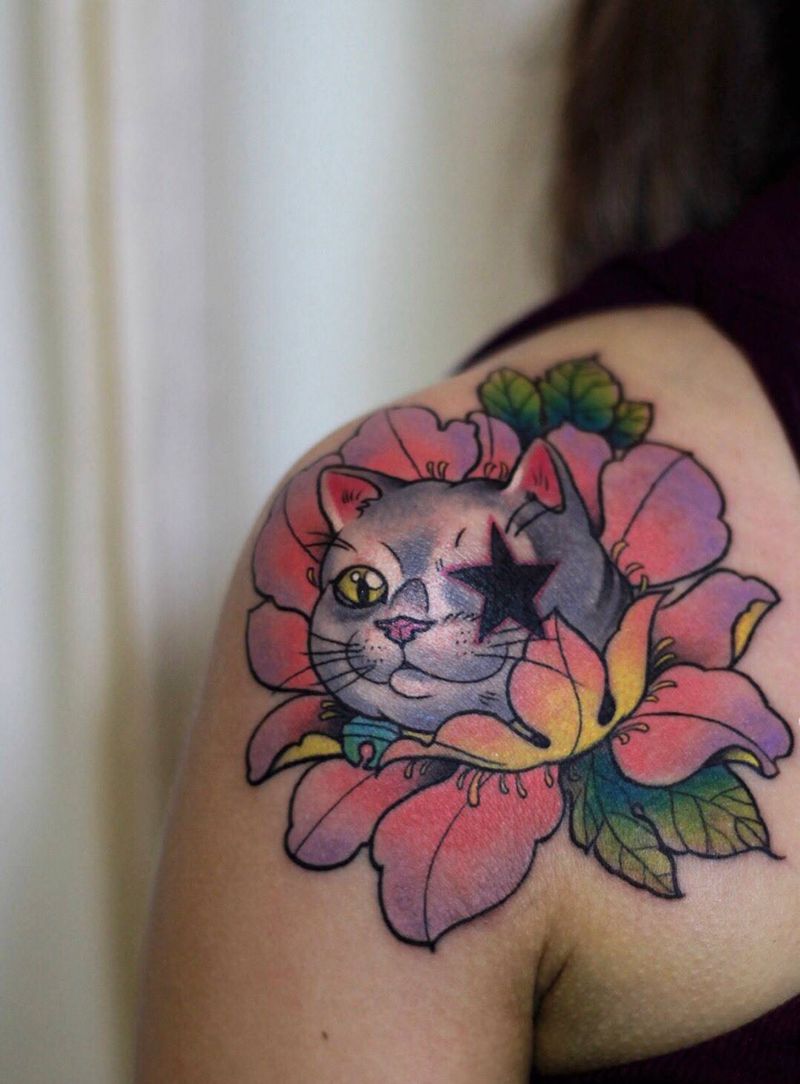 旧图遮盖花肩纹身图片_肩部New School鹿纹身图案