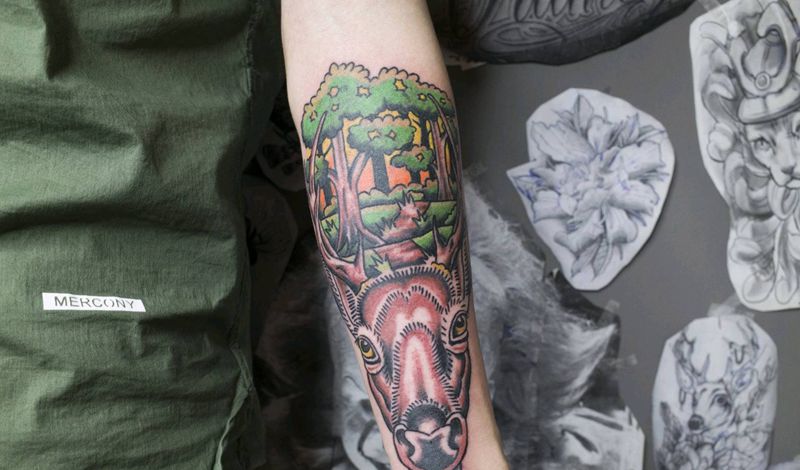 school鹿纹身图片_手臂纹身图案