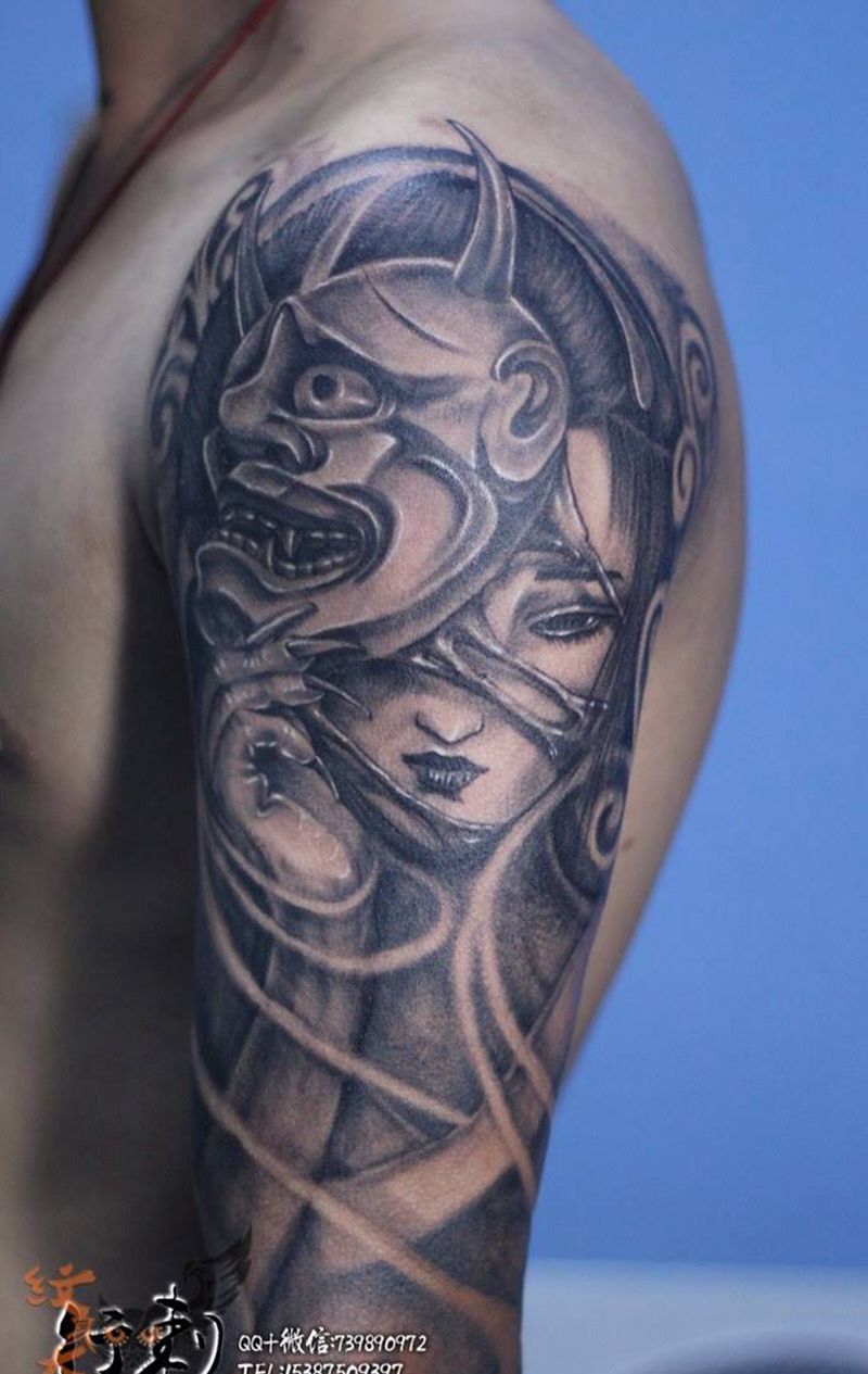 艺妓加般若纹身图片_写实肖像鬼神宗教纹身图案