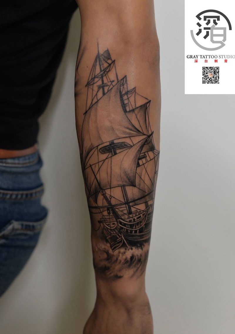 帆船纹身图片_手臂欧美写实纹身图案
