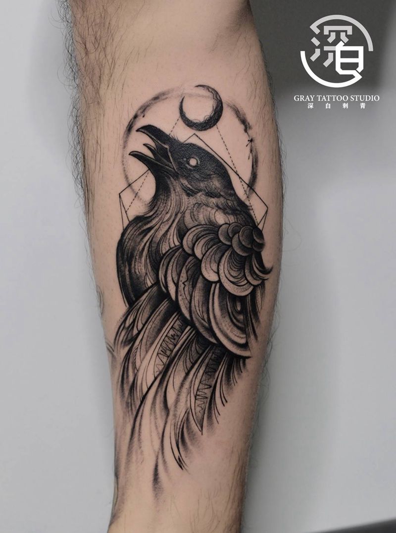 乌鸦纹身图片_腿部脚部欧美写实点刺乌鸦点刺纹身图案