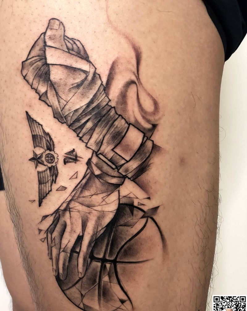 关于篮球和拳击纹身图片_腿部欧美写实几何篮球纹身图案