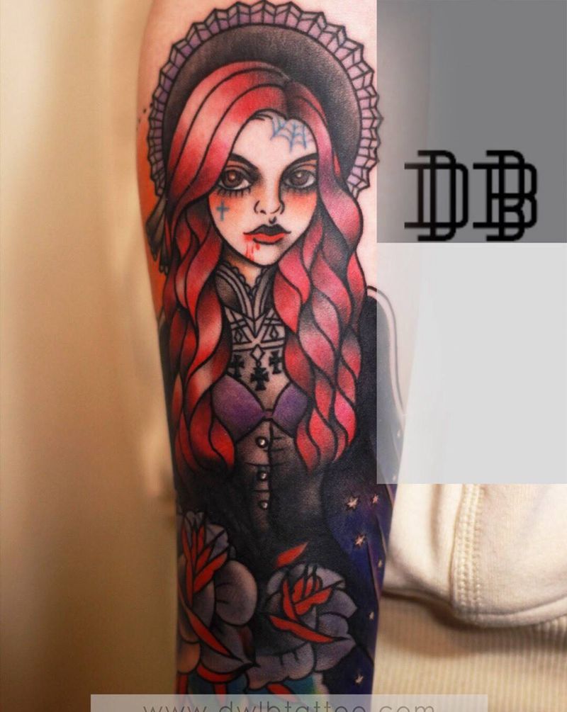 女巫遮盖纹身图片_手臂手部New School美女纹身图案