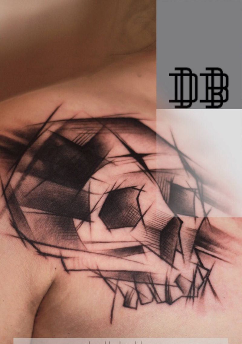 旧纹身遮盖纹身图片_肩部胸部几何欧美写实骷髅纹身图案