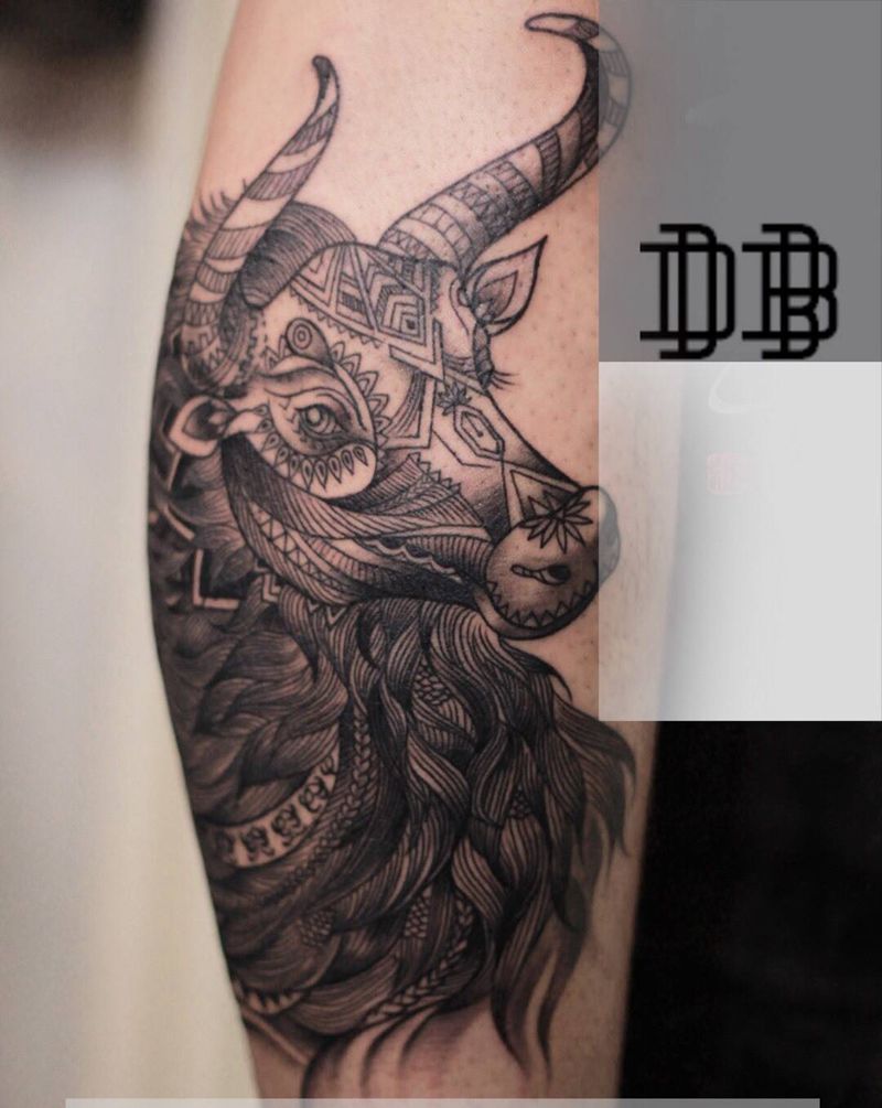 牛图腾纹身图片_腿部手臂图腾几何牛纹身图案